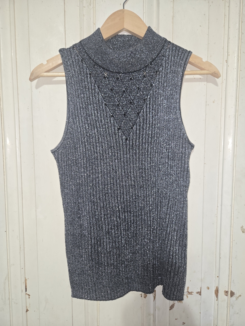 Carmen Marc Valvo Black Metallic Ribbed Mock Neck Top